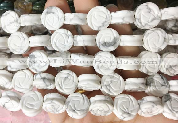 FGBS154 15 inches 14mm carved rose flower white howlite beads