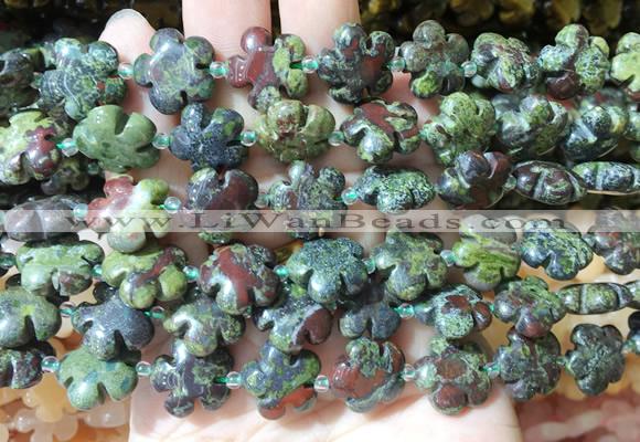 FGBS183 15 inches 15mm carved five petal flower dragon blood jasper beads wholesale