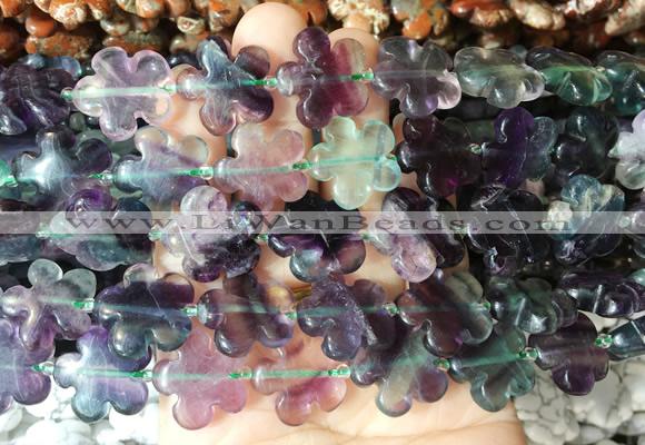 FGBS200 15 inches 20mm carved 5 petal flower rainbow fluorite beads wholesale