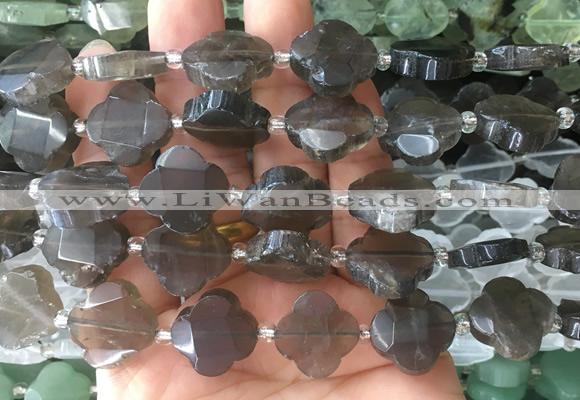 FGBS63 15 inches 16mm - 18mm faceted Four leaf clover smoky quartz beads