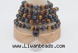 GMN1225 Hand-knotted 8mm, 10mm colorfull tiger eye 108 beads mala necklaces with charm