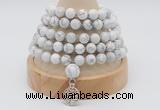 GMN1245 Hand-knotted 8mm, 10mm white howlite 108 beads mala necklaces with charm