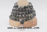 GMN1265 Hand-knotted 8mm, 10mm black water jasper 108 beads mala necklaces with charm