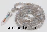 GMN1418 Hand-knotted 8mm, 10mm grey banded agate 108 beads mala necklace with pendant