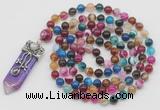 GMN1422 Hand-knotted 8mm, 10mm colorfull banded agate 108 beads mala necklace with pendant