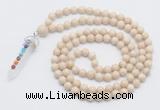 GMN1554 Knotted 8mm, 10mm white fossil jasper 108 beads mala necklace with pendant