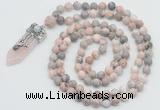 GMN1555 Knotted 8mm, 10mm pink zebra jasper 108 beads mala necklace with pendant