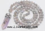 GMN1558 Knotted 8mm, 10mm grey banded agate 108 beads mala necklace with pendant