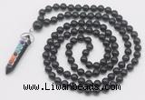 GMN1561 Knotted 8mm, 10mm black obsidian 108 beads mala necklace with pendant