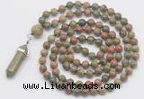 GMN1664 Hand-knotted 6mm unakite 108 beads mala necklaces with pendant