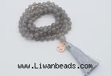 GMN1750 Knotted 8mm, 10mm grey agate 108 beads mala necklace with tassel & charm