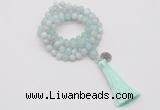 GMN1754 Knotted 8mm, 10mm sea blue banded agate 108 beads mala necklace with tassel & charm