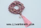 GMN1768 Knotted 8mm, 10mm pink fossil jasper 108 beads mala necklace with tassel & charm