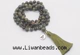 GMN1780 Knotted 8mm, 10mm dragon blood jasper 108 beads mala necklace with tassel & charm