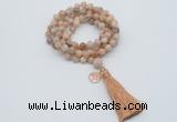 GMN1804 Knotted 8mm, 10mm sunstone 108 beads mala necklace with tassel & charm