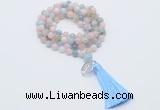 GMN1806 Knotted 8mm, 10mm morganite 108 beads mala necklace with tassel & charm