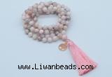 GMN1807 Knotted 8mm, 10mm natural pink opal 108 beads mala necklace with tassel & charm