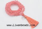 GMN1814 Knotted 8mm, 10mm cherry quartz 108 beads mala necklace with tassel & charm