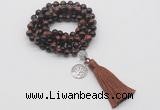 GMN1829 Knotted 8mm, 10mm red tiger eye 108 beads mala necklace with tassel & charm