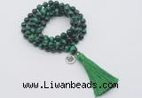 GMN1836 Knotted 8mm, 10mm green tiger eye 108 beads mala necklace with tassel & charm