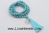 GMN1837 Knotted 8mm, 10mm blue howlite 108 beads mala necklace with tassel & charm