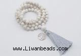 GMN1838 Knotted 8mm, 10mm white howlite 108 beads mala necklace with tassel & charm