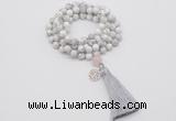 GMN1839 Knotted 8mm, 10mm white howlite 108 beads mala necklace with tassel & charm