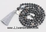 GMN1862 Knotted 8mm, 10mm black banded agate 108 beads mala necklace with tassel & charm