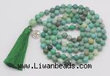 GMN1864 Knotted 8mm, 10mm grass agate 108 beads mala necklace with tassel & charm