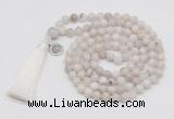 GMN1871 Knotted 8mm, 10mm white crazy agate 108 beads mala necklace with tassel & charm