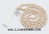 GMN1889 Knotted 8mm, 10mm white fossil jasper 108 beads mala necklace with tassel & charm