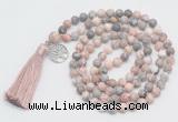 GMN1890 Knotted 8mm, 10mm pink zebra jasper 108 beads mala necklace with tassel & charm