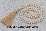 GMN200 Hand-knotted 6mm white fossil jasper 108 beads mala necklaces with tassel