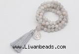 GMN2001 Knotted 8mm, 10mm matte white crazy agate 108 beads mala necklace with tassel & charm