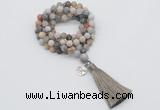 GMN2003 Knotted 8mm, 10mm matte bamboo leaf agate 108 beads mala necklace with tassel & charm