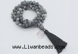 GMN2011 Knotted 8mm, 10mm matte black water jasper 108 beads mala necklace with tassel & charm