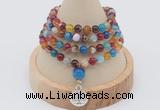 GMN2400 Hand-knotted 6mm colorful banded agate 108 beads mala necklace with charm