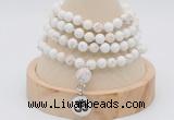 GMN2417 Hand-knotted 6mm white howlite 108 beads mala necklace with charm