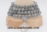 GMN2450 Hand-knotted 6mm grey picture jasper 108 beads mala necklaces with charm