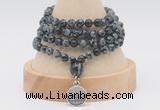 GMN2462 Hand-knotted 6mm snowflake obsidian 108 beads mala necklaces with charm