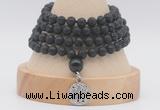 GMN2477 Hand-knotted 6mm black lava 108 beads mala necklaces with charm