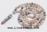 GMN2603 Hand-knotted 8mm, 10mm matte bamboo leaf agate 108 beads mala necklace with pendant