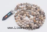 GMN2609 Hand-knotted 8mm, 10mm matte zebra jasper 108 beads mala necklace with pendant