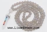 GMN2627 Knotted 8mm, 10mm matte grey agate 108 beads mala necklace with pendant