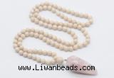 GMN4020 Hand-knotted 8mm, 10mm white fossil jasper 108 beads mala necklace with pendant