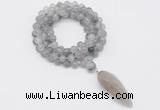 GMN4049 Hand-knotted 8mm, 10mm cloudy quartz 108 beads mala necklace with pendant