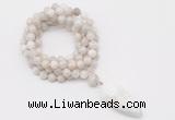 GMN4062 Hand-knotted 8mm, 10mm white crazy agate 108 beads mala necklace with pendant