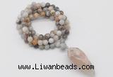 GMN4064 Hand-knotted 8mm, 10mm bamboo leaf agate 108 beads mala necklace with pendant