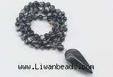 GMN4069 Hand-knotted 8mm, 10mm black banded agate 108 beads mala necklace with pendant