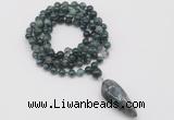 GMN4071 Hand-knotted 8mm, 10mm moss agate 108 beads mala necklace with pendant